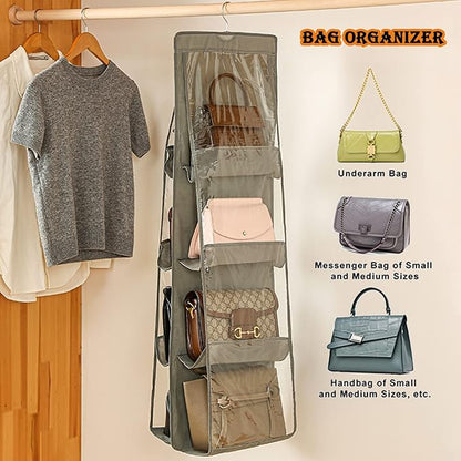 Purse Organizer for Closet - Handbag Hanging Purse Storage and Organizers with Hook, Over Door Bags Holder Hanger, 8 Large Clear Waterproof Pockets, Space Saving, for Dorm, Bedroom, Wardrobe