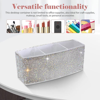 TEHAUX Bling Makeup Organizer for Vanity with 3 Compartments Rectangular Cosmetic Storage Box for Desk Makeup Brushes Lipsticks - Elegant Rhinestone Design 2.87 X 7.28 X 2.87 Inches