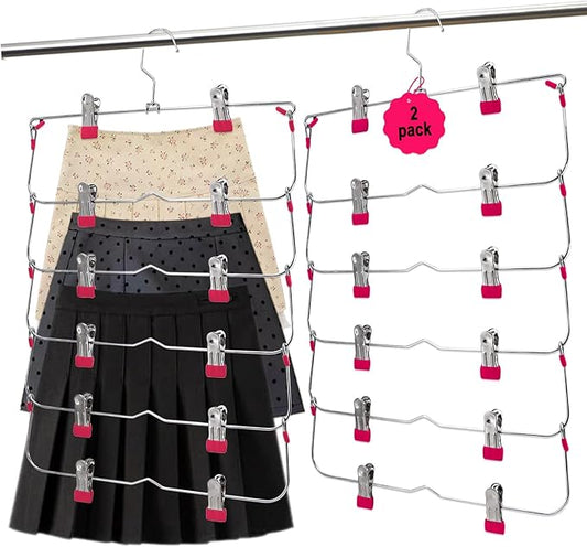 Skirt Pants Hangers with Clips,6Tier Skirt Hangers Space Saving,Metal Multi Pants Hangers and Storage Multi Clothes Shorts Hanger Organization,Space Saving Hangers with Clips (Rose, 2-Piece Set)