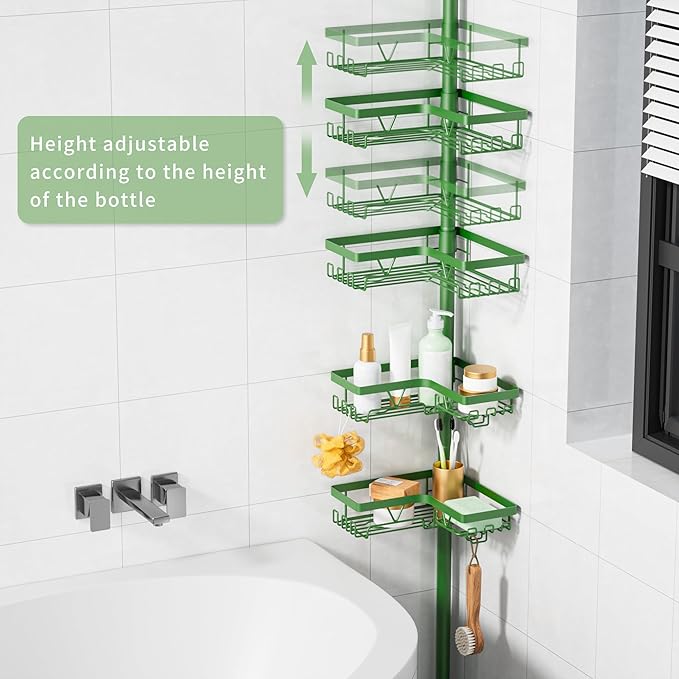 KEGII Shower Caddy Tension Pole, 4-Tier Rustproof Adjustable Corner Bathroom Organizer for Renters, 25–114.2 Inch No Drill Space-Saving Shower Storage Rack, Emerald Green