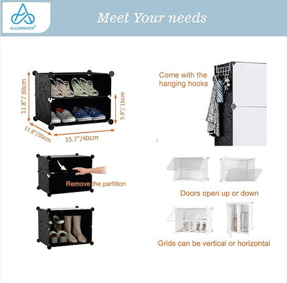 Patented Shoe Racks Organizers Shelves, Floor-Standing, Wall Hanging, Sturdy and extendable. Easy DIY Assembly, for Door Entrance, Closet, and Workplace (2x8Grid, Translucent & Black)