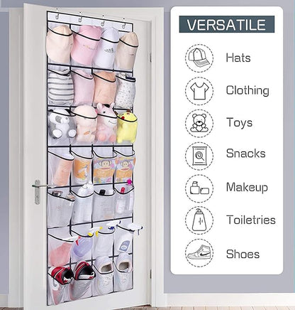 28 Large Pockets Over The Door Shoe Organizer, Hanging Shoe Organizer for Closet, Premium Clear Shoe Rack for Door, Shoes Hanger Organizers Storage Holder for Back of Door and 4 Metal Hook White