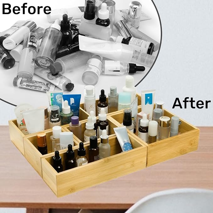 ZAVOOS 5 Pieces Bamboo Drawer Organizer, Multi-Use Individual Junk Tea Storage Drawer Tray Set with Removable Dividers, Adjustable Cutlery Utensils Holder Bin for Kitchen, Office, Bathroom
