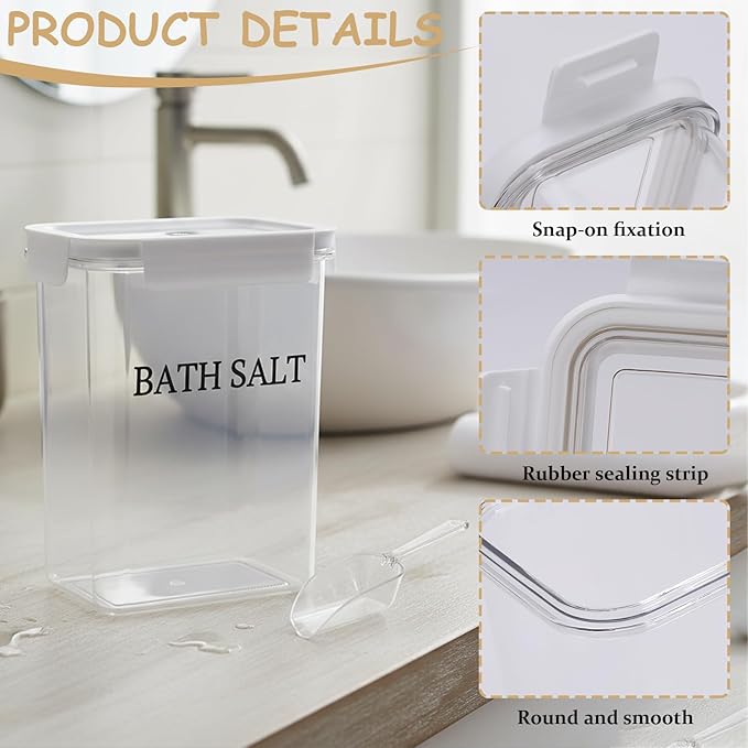 61 oz Bath Salt Jar, Plastic Bath Salt Container with Scoop, Airtight Storage with Locking Lids, Stackable Clear Canister for Epsom Salt, Bathtub Accessories