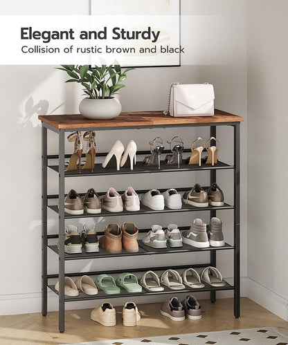 HOOBRO Shoe Rack for Entryway, 5-Tier Shoe Organizer with Adjustable Mesh Shelves, 16-20 Pairs of Shoes, Spacious Floor Mount, Metal, Industrial, Shoe Shelf for Closet, Rustic Brown BF12XJ01