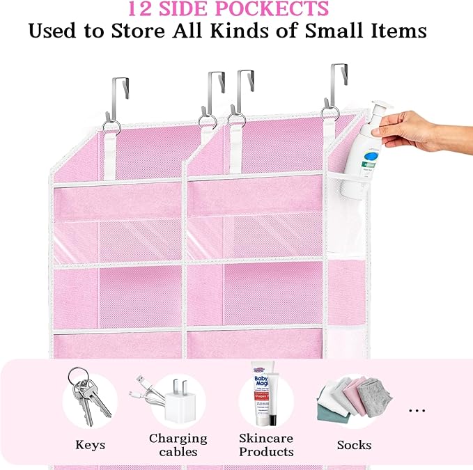 Over The Door Organizer 6 Tiers, Extra Large Behind Door Storage of 12 Compartments, 80 lbs Weight Capacity Hanging Storage Organizer with Clear Window Kids Toys,Shoes,Diapers,Room Storage,Pink