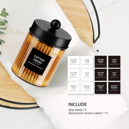 3 Pack Apothecary Jar Canisters Bathroom Vanity Organizer - Qtip Holder Storage Organizer Set Countertop Canister with Stainless Steel Lids &Cute Stickers for Qtips,Cotton Swabs,Makeup Sponges,Floss