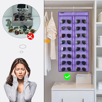 Dual Sided Hanging Sunglasses Organizer Wall Eyeglass Holder Sunglass Rack for Home with 32 Dust Proof Pockets (32 Pockets-Purple)