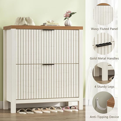 YOMILUVE Shoe Cabinet Storage for Entryway, Fluted Shoe Cabinet with 2 Flip Drawers, Hidden Shoe Rack Tall Freestanding Shoe Organizer with Legs for Hallway, White