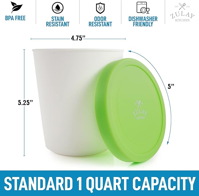 Zulay [2 Pack - 1 Quart Each] Large Ice Cream Containers For Homemade Ice Cream - Reusable Ice Cream Container Set with Lids - Ice Cream Pint Containers For Sorbet, Gelato, Frozen Yogurt (Green)