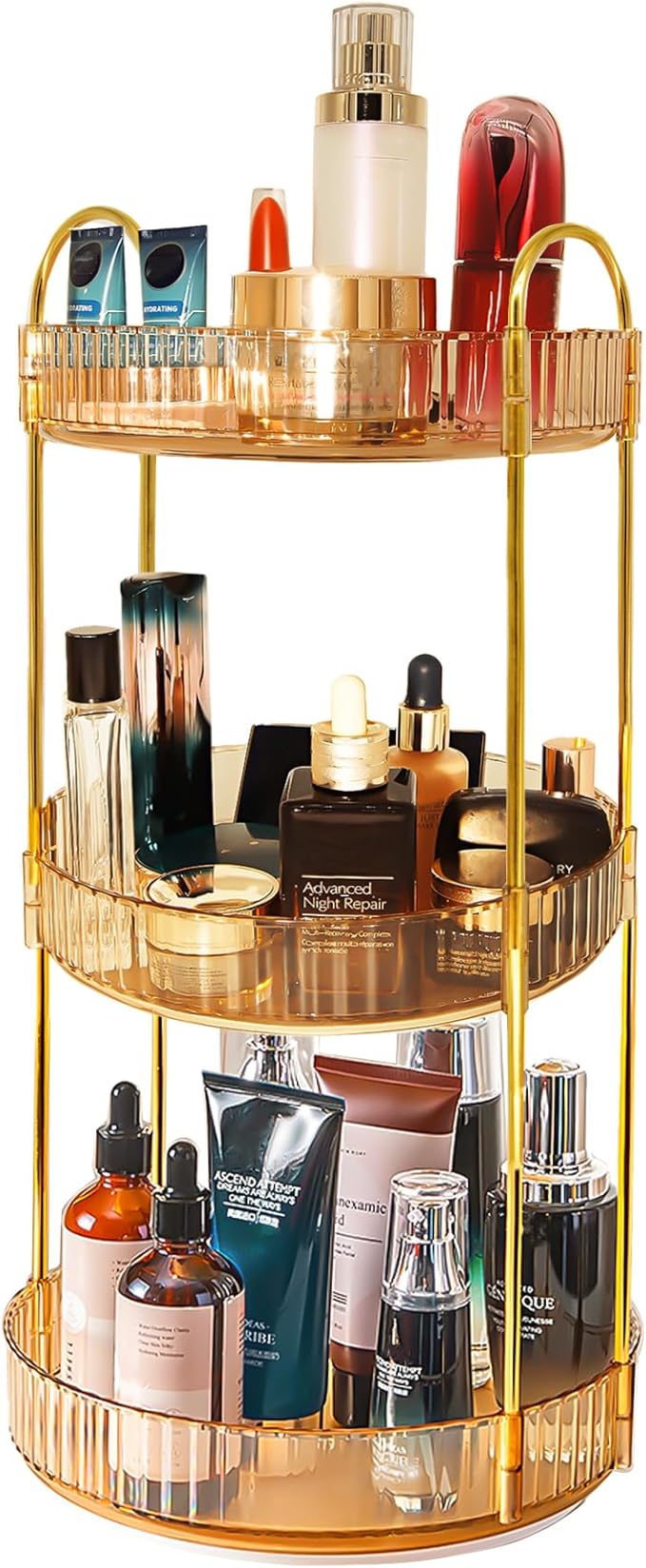 Skincare Organizers 360 Rotating, 3 Tier Round Makeup Organizer Countertop,Holder Rack Large Spinning Cosmetics Display Cases, Perfume Beauty Storage for Vanity, Countertop, Bathroom (Gold-3 Tier)