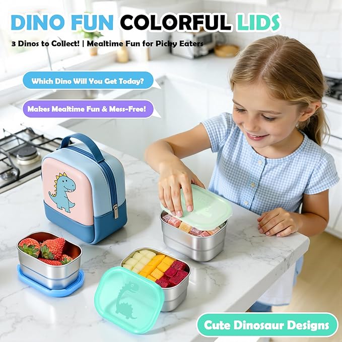 Tanjiae 3×8oz Small Stainless Steel Snack Containers for Kids and Toddlers - 230mL Leakproof Food Containers with Cute Dino Lids | LFGB Certified, Stackable Metal Snack Box for School, Daycare, Travel