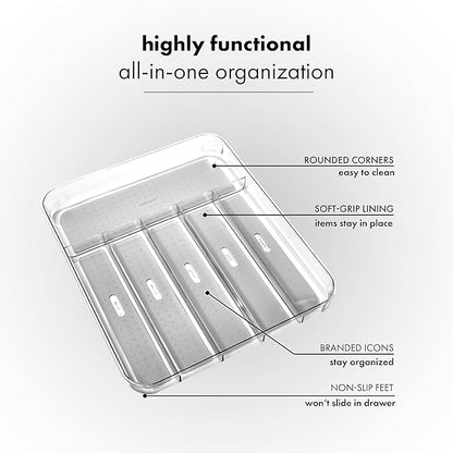 madesmart Premium Clear Silverware Tray, 6 Compartment Flatware Organizer for Forks, Knives & Spoons, Soft Grip Lining & Non Slip Base, Grey