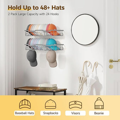 Nicetree Hat Racks for Baseball Caps Wall - Metal Hat Organizer for 48 Baseball Caps Holder, 2 Pack Hat Storage Organizer for Closet, Bedroom, Living Room Grey