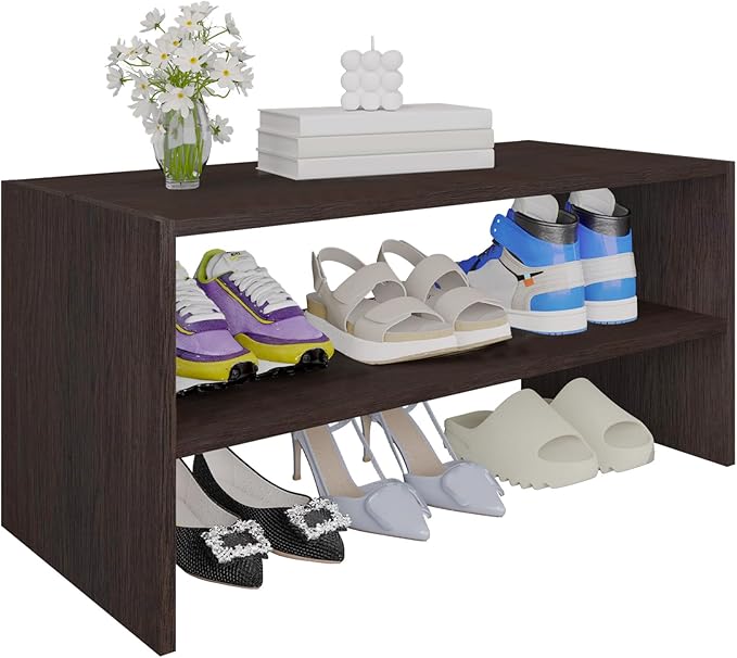 PrimeZone Shoe Rack for Closet - 2-Tier Stackable Shoe Shelf for 6-12 Pairs, Freestanding Wooden Shoe Organizer, Small Storage Shoe Stand for Entryway, Closet, Dorm, Office, Small Space, Espresso