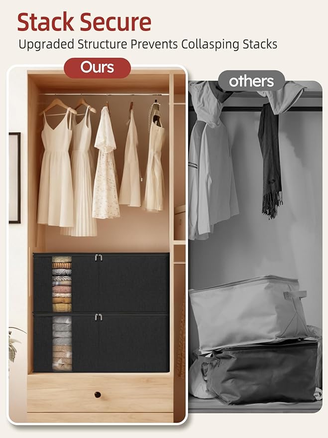 90L King Size Comforter Storage Bag w/Rigid Panels, Large Blanket Organizer for Closet, Stackable & Foldable Container w/Clear Window & Smooth Zippers for Bedding Sets/Clothes, 2 Pack, Black