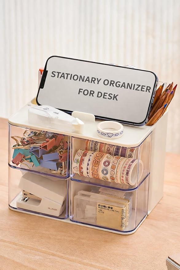UFORU Hair Accessories Organizer with Hair Brush Holder, 4 Drawer Rotatable Hair Tie Organizer for Makeup Brushes, Hair Clips, Earrings, Necklaces, Bracelets and Hair Accessories, White, 2-Layer
