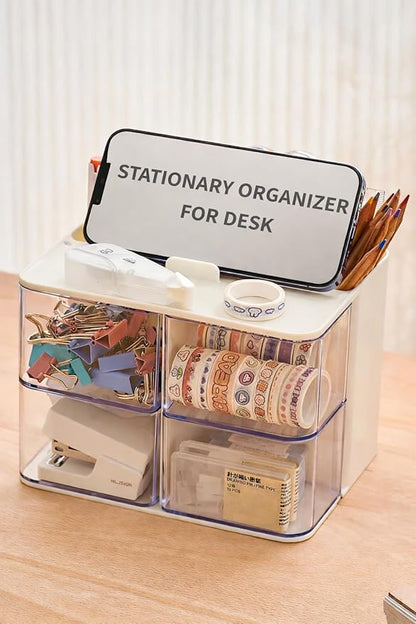 UFORU Hair Accessories Organizer with Hair Brush Holder, 4 Drawer Rotatable Hair Tie Organizer for Makeup Brushes, Hair Clips, Earrings, Necklaces, Bracelets and Hair Accessories, White, 2-Layer