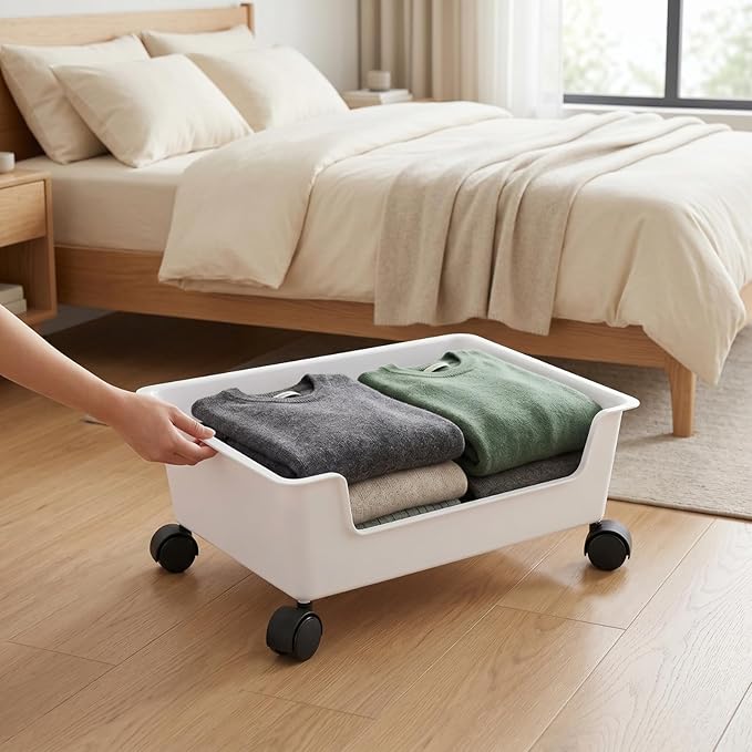 Noamus 3 Pack Under Bed Storage, Underbed Toys Storage Containers with Wheels, Plastic Bedroom Storage Organization, Under Bed Storage Bins Drawer For Clothes Blankets Shoes Books, White