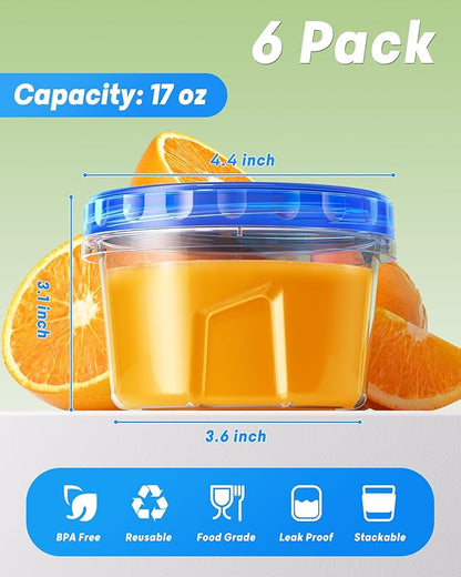 BiuLeon 6 Pack-17oz Freezer Storage Containers, Plastic Food Storage Containers with Twist Top Lids, BPA Free and Reusable Soup Containers with Lid, Microwave and Dishwasher Safe