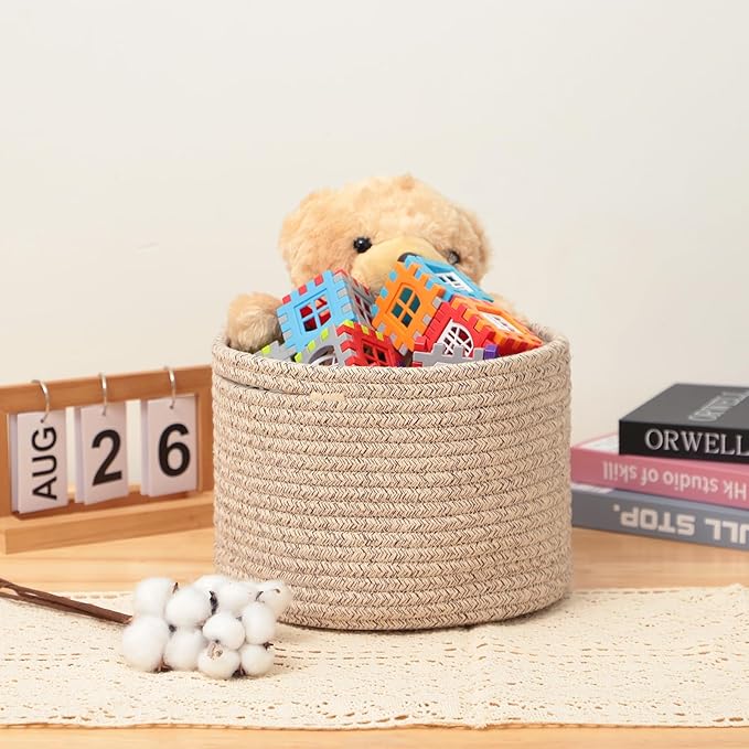 MiniArk Small Basket for Organizing | Cube Shelf Closet Storage Baskets | 9.7×9.7×7.1” | Woven Rope Gift Basket | Nursery | Round 3 Packs Mixed Brown