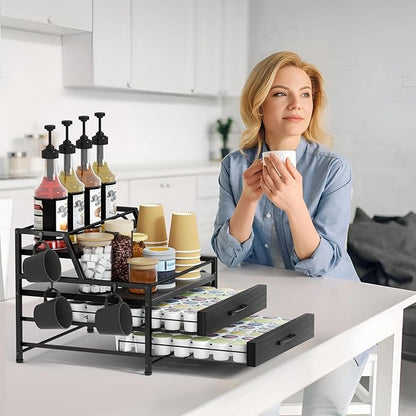 Homsorout Coffee Syrup Rack Organizer - 4-Tier 8 Syrup Wine Bottles Stand with 82 Storage Drawer for K Cups, Coffee Pod Holder for Countertop, Bar Station, Kitchen, Black