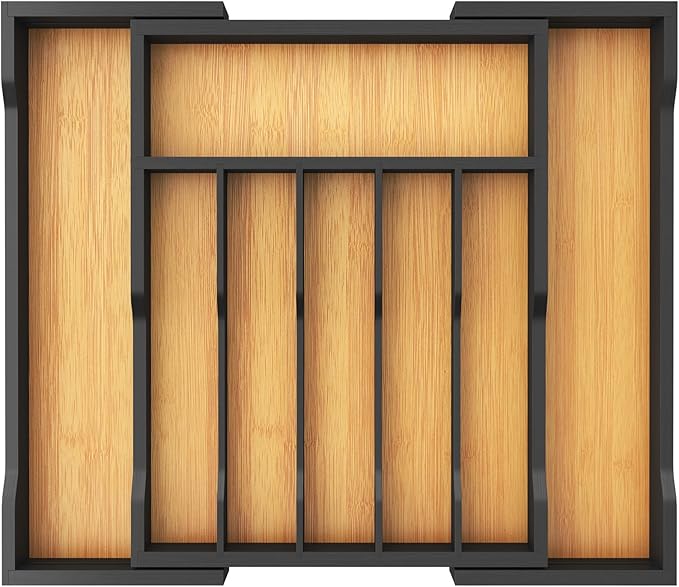 Lifewit Silverware Drawer Organizer, Expandable Utensil Tray for Kitchen, Flatware and Cutlery Holder, Wood Adjustable Storage for Spoons Forks Knives, 13-22x15/ 33-56x38cm, Natural and Black