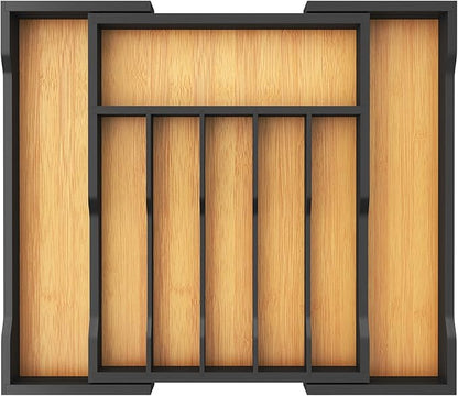 Lifewit Silverware Drawer Organizer, Expandable Utensil Tray for Kitchen, Flatware and Cutlery Holder, Wood Adjustable Storage for Spoons Forks Knives, 13-22x15/ 33-56x38cm, Natural and Black