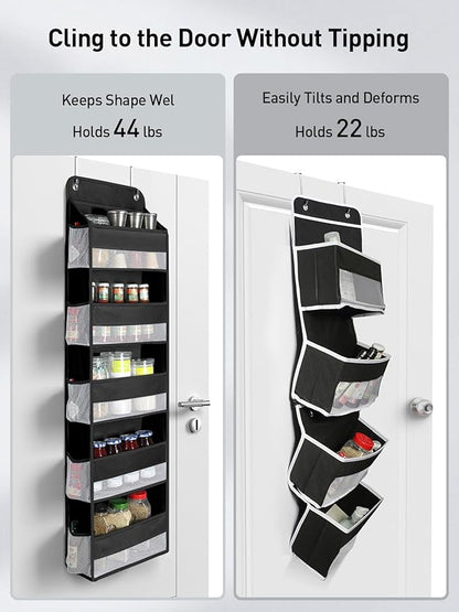 Yecaye 1 Pc Over the Door Organizer with 5 Bins 10 Side Pockets, 44lbs Load Hanging Bathroom and Bedroom Organizer, behind the Door Hanging Organizers for Nursery Newborn Baby Essential Stuff Black