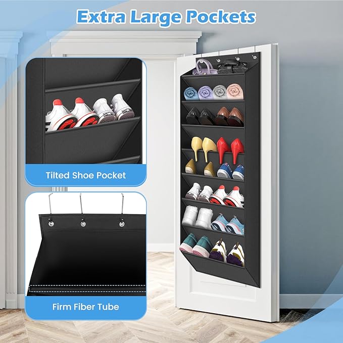 Over The Door Shoe Organizer Storage -8-Tier Shoe Rack for Boots/Sneakers/Closet, Heavy Duty Anti-Slip Hooks & Large Deep Pockets,Space Saving Hanging Shoe Organizers (Black)