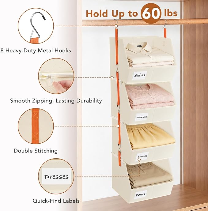4 Pcs Modular Closet Organizer - Detachable & Foldable Hanging Storage Cubes, 88L Total Capacity, Heavy Duty Fabric Shelves for Wardrobe, Closet Organization, RV, Dorm, Beige