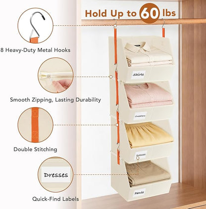 4 Pcs Modular Closet Organizer - Detachable & Foldable Hanging Storage Cubes, 88L Total Capacity, Heavy Duty Fabric Shelves for Wardrobe, Closet Organization, RV, Dorm, Beige
