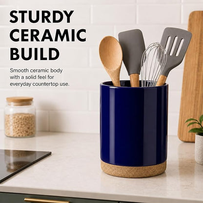 Ceramic Kitchen Utensil Holder for Countertop, Modern Crock with Non-Slip Cork Base, Counter Organizer for Cooking Tools , Blue
