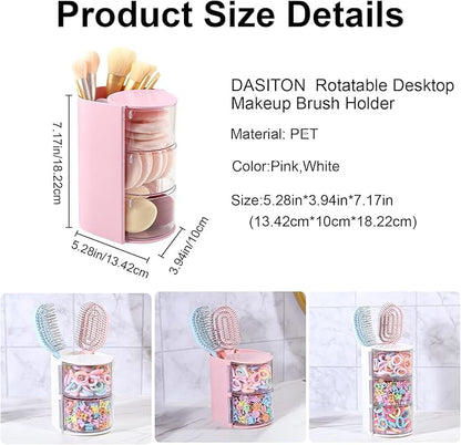 DASITON 3-Layer Makeup Brush Holder with Hair Accessories Organizer, Rotatable Desktop Organizer Case for Hair Clip, Makeup Sponge, Jewelry and Hair Accessories, Hair Brush Holder for Vanity (Pink)