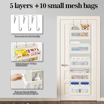 KYEVIS Over The Door Organizer, 5 Shelves Closet Door Hanging Organizer with 10 Mesh Pockets, Nursery Closet Organizer, Baby Essentials, Dorm Room Essentials for Girls