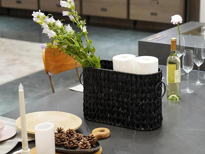 Coeusy Black Toilet Paper Storage Basket,Large Free Standing Toilet Paper Organizer,Waterproof Narrow Wicker Basket for Bathroom,Under Sink,or Cabinet