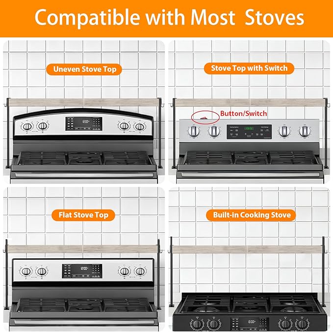 Spice Rack Shelf for Kitchen Stove, Over The Stove Shelf with 4 Level Adjustable Height, Over Stove Spice Rack with 4 Hooks, Grey + Black