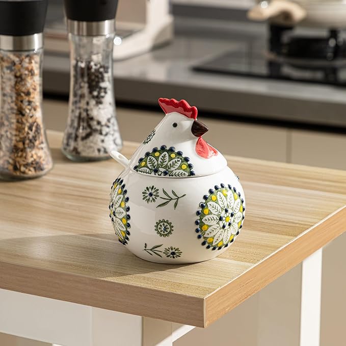 Ceramic Salt Cellar with Lid and Spoon, 13 oz Large Chicken Salt Jar, Chicken Sugar Containers for Countertop, Decorative Kitchen Holder for Coffee, Pepper, Seasonings, Spices, Candy(Green)