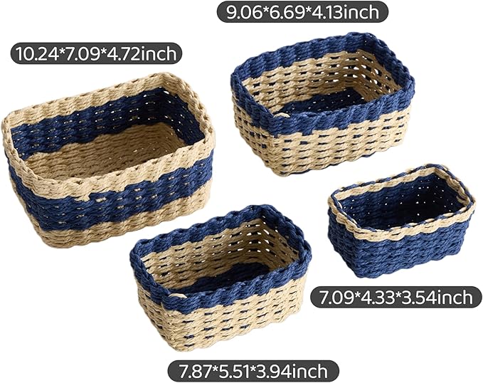 4PCS Woven Storage Baskets Set, Small Baskets for Organizing, Square Handwoven Paper Rope Organizer Bins for Shelves and Home Storage (Natural & Navy)