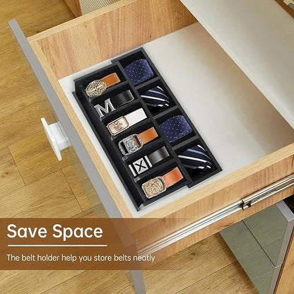 Wooden Belt Organizer, 10 Compartments Belt Organizer for Closet and Drawer, Stylish Belt Storage Display Holder for Men Women’s Belts, Ties, and Jewelry, Black