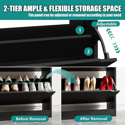 Xixini Shoe Storage Cabinet for Entryway with 4 Flip Drawers, Sturdy Wood Hidden Shoe Storage, Freestanding Narrow Slim Shoe Organizer for Front Door Entrance, Living Room, Hallway, Bedroom, Black