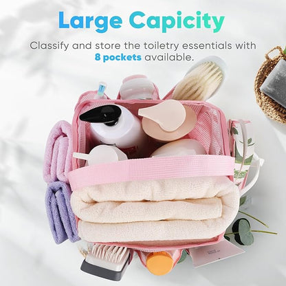 EUDELE Mesh Shower Caddy Portable for College Dorm Room Essentials,Portable Shower Caddy Dorm with 8-Pocket Large Capacity, Shower Bag for Beach, Swimming, Gym, Travel essentials, Pink