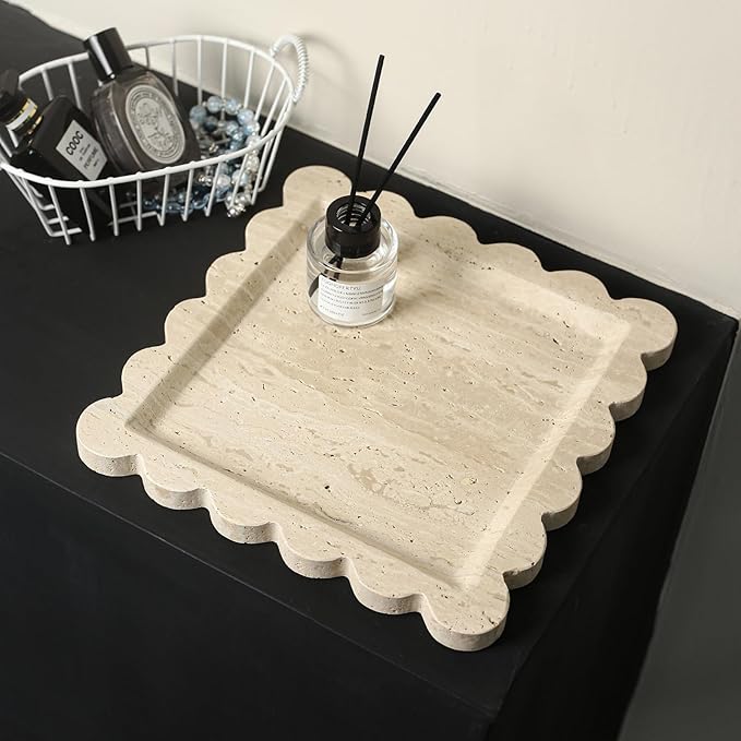 Natural 100% Travertine Vanity Tray Luxury Scalloped Marble Tray, Italian Travertine Tray for Home Decor Bathroom Kitchen Candle Key (Square-9.8 * 9.8-Beige Travertine)