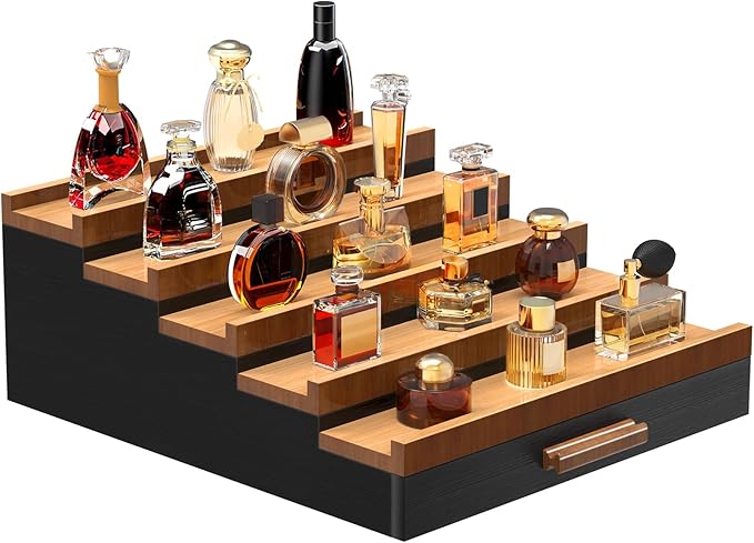 Wooden Cologne Organizer for Men 5 Tier of Perfume Display Holder of Drawer & 2 Hidden Compartments Larger Storage Space Mens Perfume Organizer Shelf Stand,Gift for Man (5T-Black Walnut)
