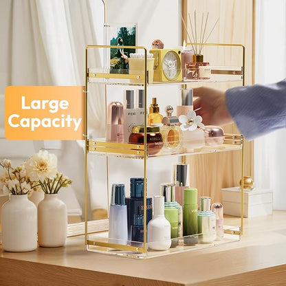 Bathroom Countertop Organizer, 3 Tier Acrylic Tray Vanity Counter Skincare Organizer Shelf, Kitchen Under Sink Standing Rack, Home Storage Holder for Lotion Makeup Cosmetics Perfume Spice, Gold | Vanity Counter, Kitchen Under Sink, Home Storage Holder,...