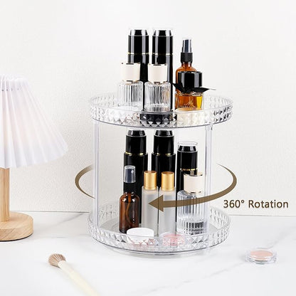 360 Clear Rotating Makeup Organize for Vanity,2 Tiers Lazy Susan with Diamond Pattern, Large-Capacity Skincare Organizers Cosmetic Display Case Organizer for Dresser (Clear White, 2Tiers)