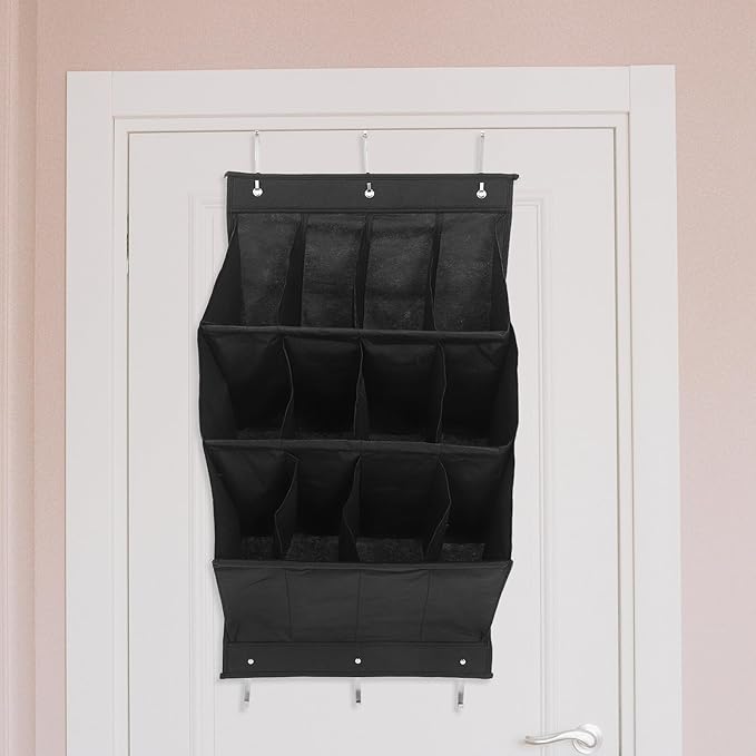 -the-door Shoe Organizer 12-grid Foldable Hanging Shoe Rack Black Vertical Storage Pocket for Narrow Doors and Closet Boot Storage