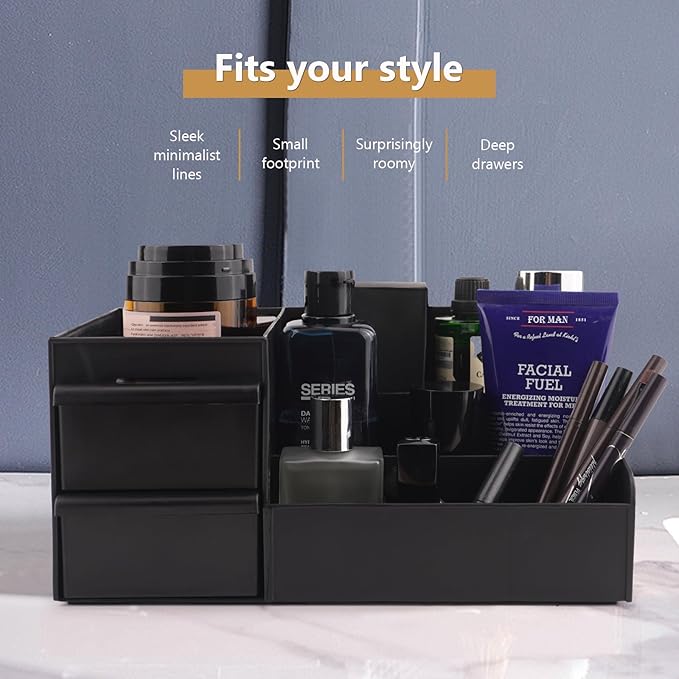 Black Vanity Organizer with Drawers – Large Mens Countertop Storage Box for Cologne, Skincare, Makeup, Perfume – Waterproof Dresser Organizer for Bathroom, Bedroom, Desk