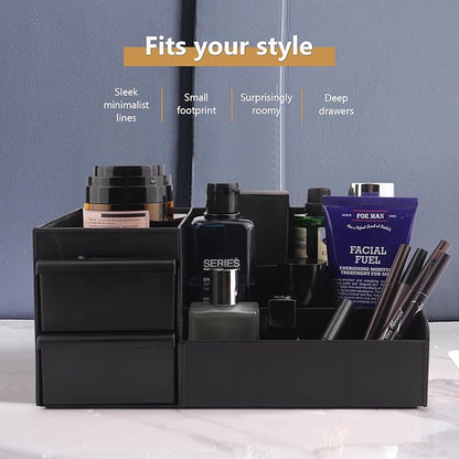 Black Vanity Organizer with Drawers – Large Mens Countertop Storage Box for Cologne, Skincare, Makeup, Perfume – Waterproof Dresser Organizer for Bathroom, Bedroom, Desk