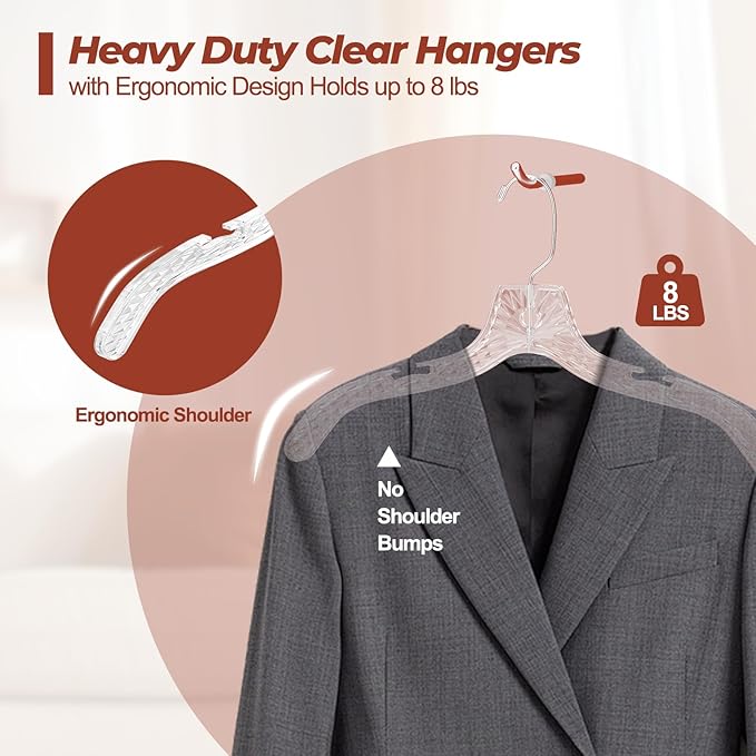 Clear Plastic Hangers 50 Pack, Durable Crystal Heavy Duty Clothes Hangers with Non-Slip Notches & 360° Swivel Hook, Space Saving, Ideal for Coats, Suits, Dresses, Shirts